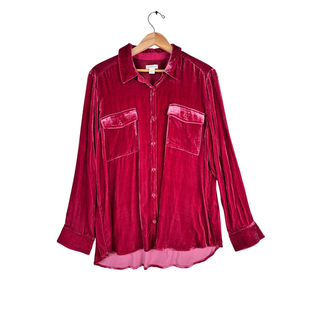 Sundance Velvet Silk Blend Button Down Shirt Size L Boho Luxe Holiday Magenta